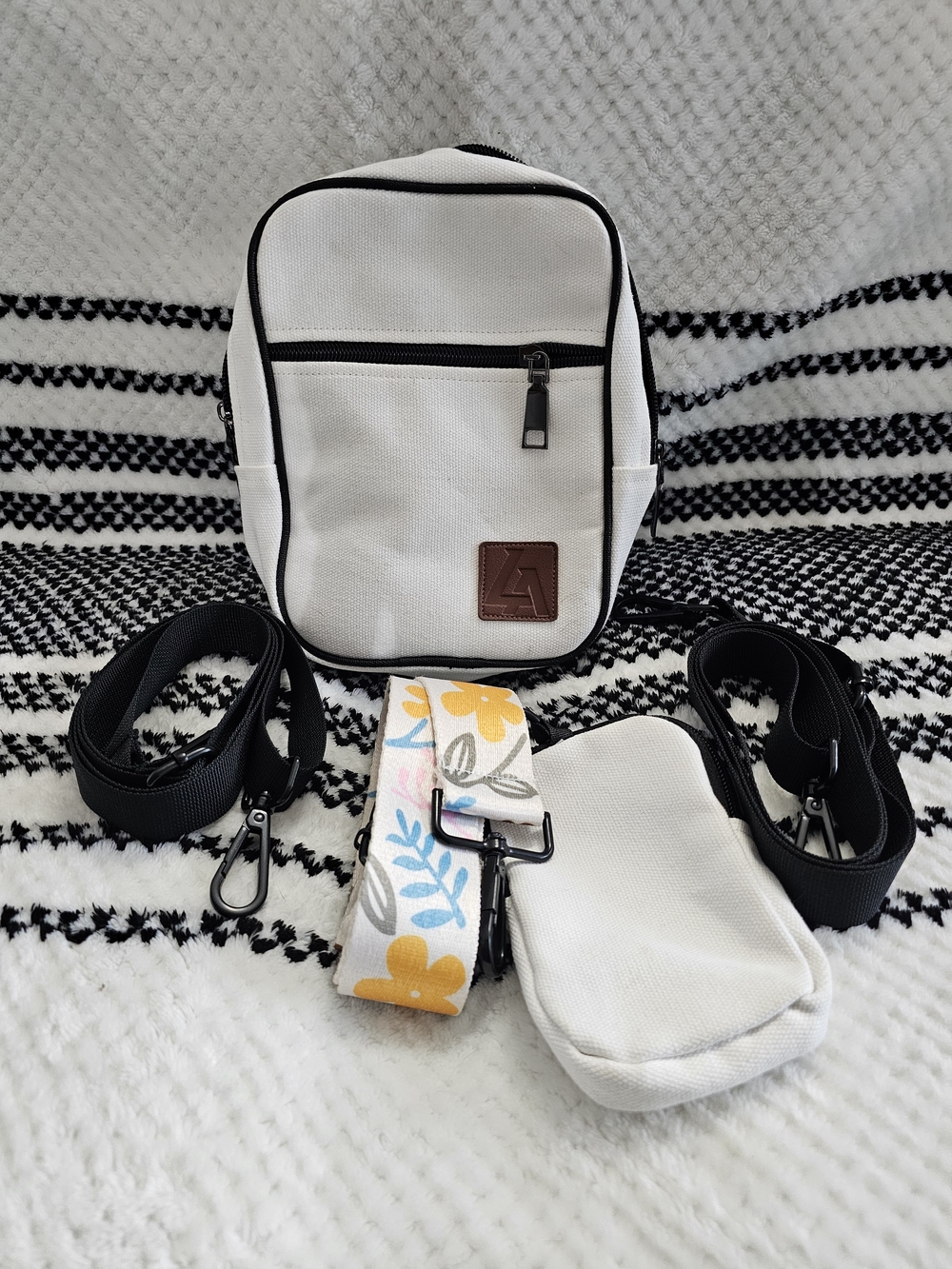 White Canvas Crossbody Bag with Floral Strap